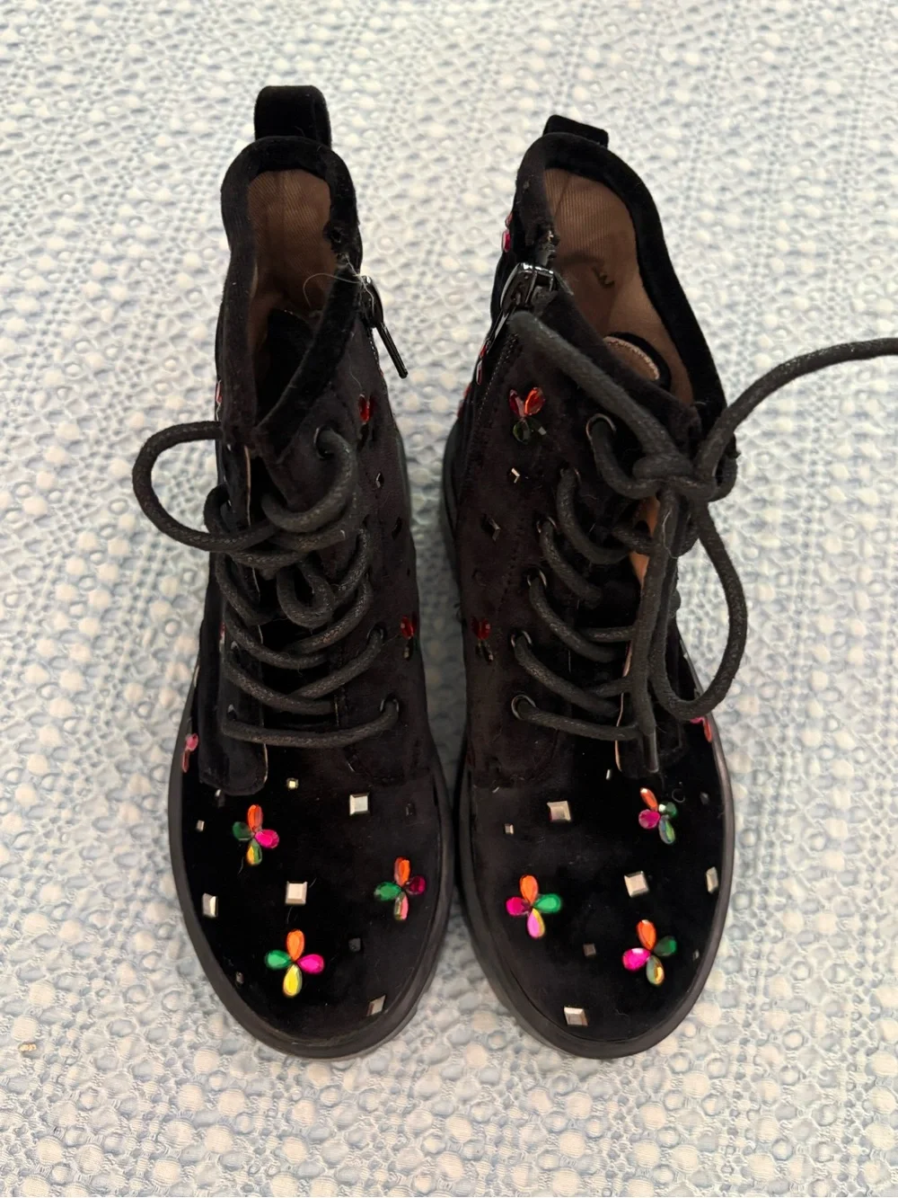Betsey Johnson Kids Embry Black Velvet Easy On and Off Combat Boots Size 13 M